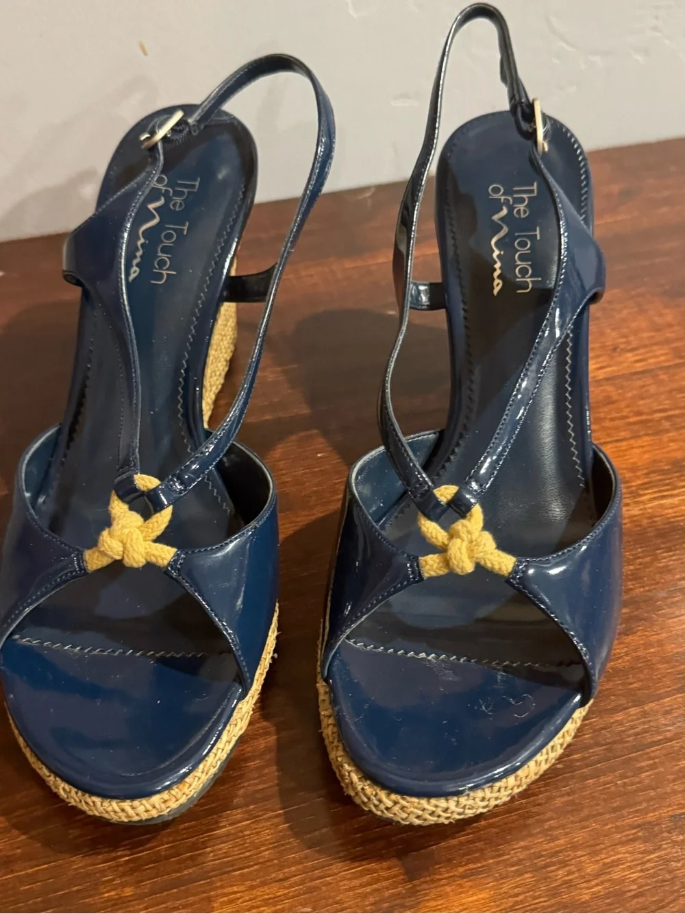 EUC Touch of Nina Navy Patent Wedge Sandals with Tan Rope Knot